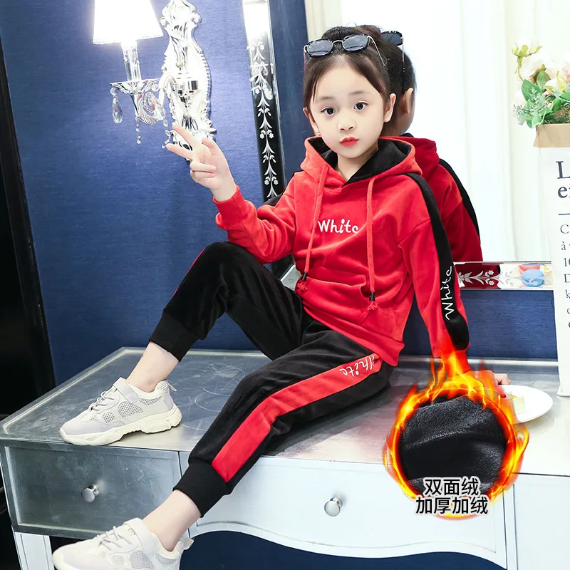 Детский спортивный костюм для девочек, спортивный костюм для детей 6, 8, 10, 11, 12 лет, бархатный свитер с длинными рукавами и надписью для девочек, осенний комплект одежды для детей
