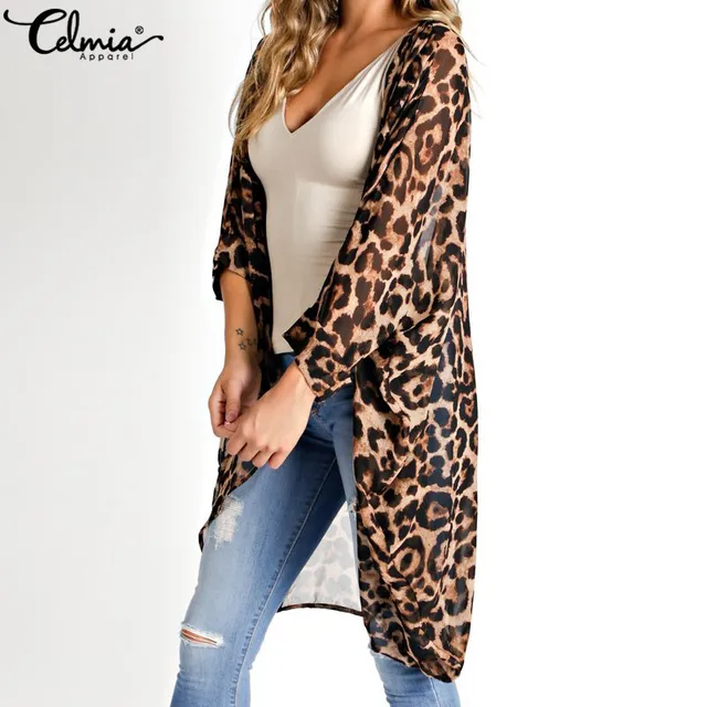 US $9.59 Celmia 2020 Summer Beach Leopard Printed Kimono Cardigan Women Cover Up Long Tops Blouse Loose Shir