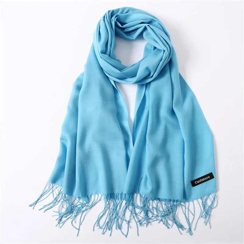 Модный кашемировый хиджаб шарф для женщин зимние однотонные шали и обертывания осенние шарфы из пашмины женские головные шарфы для женщин - Цвет: Небесно-голубой