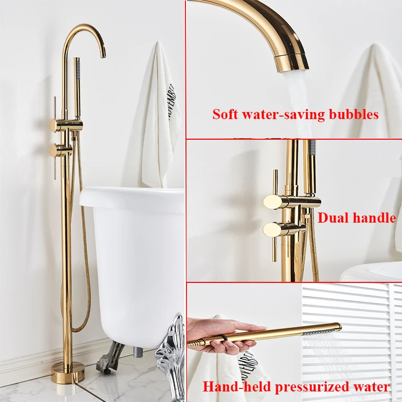 Floor Standing Bathtub Faucet Single Handle Mixer Tap 360° Rotation Spout Shower Faucets With ABS Handshower Bathroom Shower Tap 4