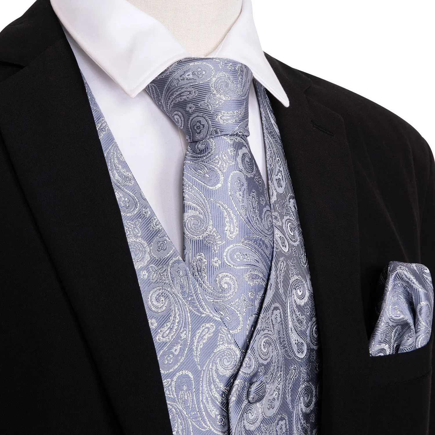 4PC Mens Silk Vest Party Wedding Sliver Paisley Solid Floral Waistcoat Vest Pocket Square Tie Slim Suit Set Barry.Wang BM-2019