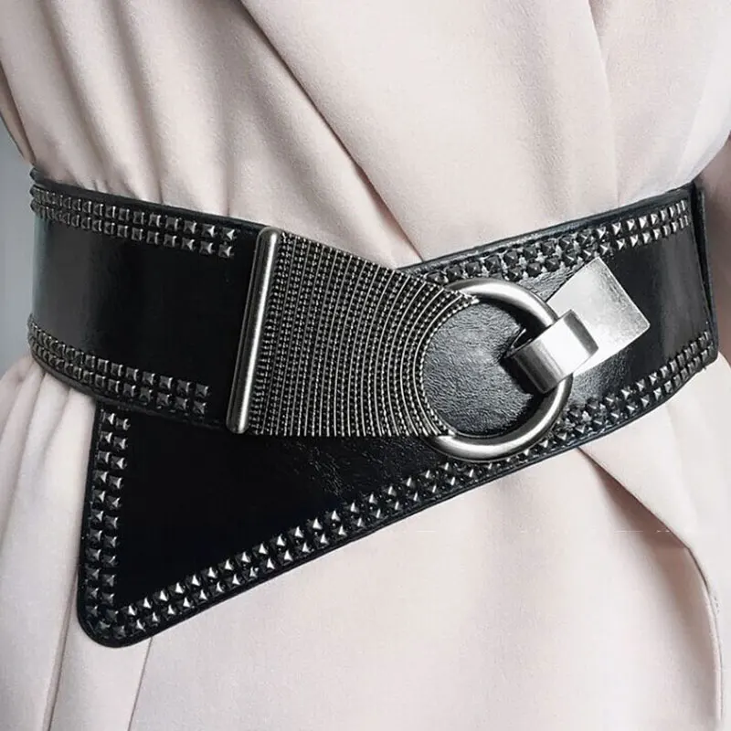 Pu Leather Punk Style Round Buckle Women Buckle Waist Chain Metal Waist Belts 