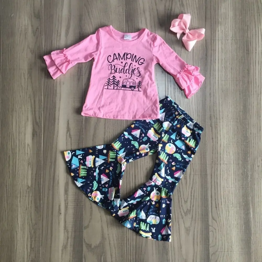 baby Girls Fall outfit girls camping set girl pink raglan kids bell