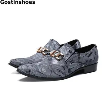 

Classic Gray Leather Men Loafers Metal Decoration Pointed Casual Shoes Men Daily Wear Party Wedding Men Shoes