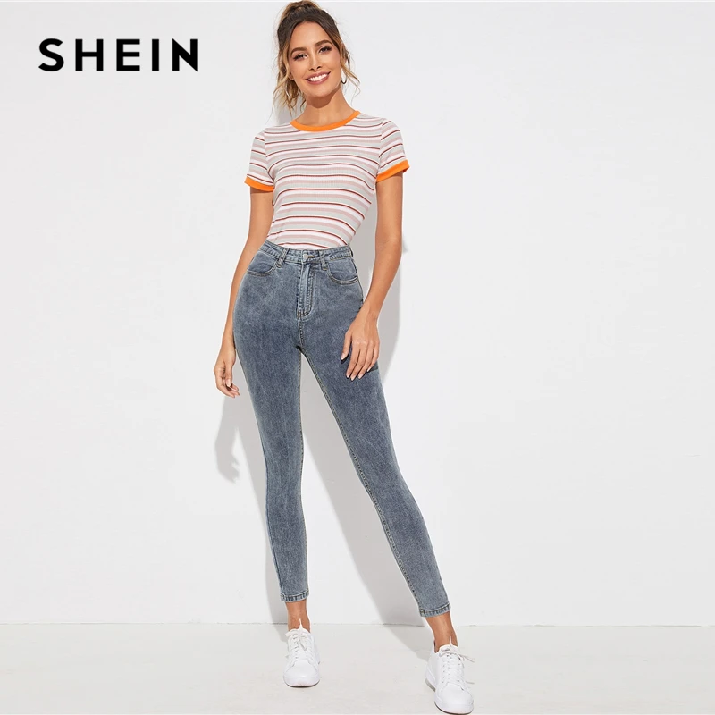 Женские облегающие повседневные джинсы SHEIN серые потертые на молнии уличные