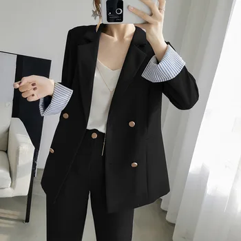 

Vintage Double Breasted Women Pant Suit Black Notched Blazer Jacket & High Waist Pant 2019 Spring Office Wear Women Suits 5XL