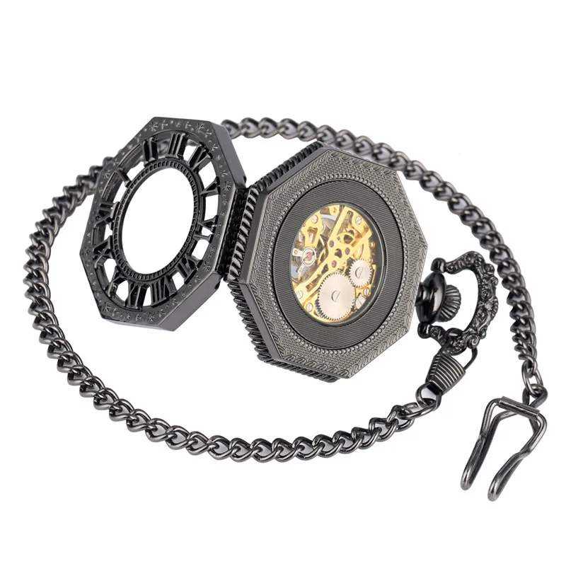 Retro Octagon Shape Clock Men Women Handwinding Mechanical Pocket Watch Skeleton Clock Roman Number Dial Pendant Chain Reloj
