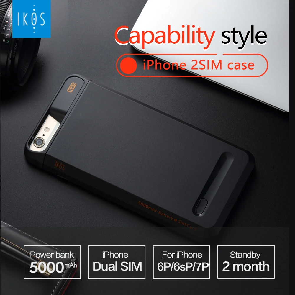smart Dual SIM Dual Standby Phone case Adapter+5000mAh Power Bank Smart Protect Case for For iPhone 6(s)/6P/7/7P/8/8P iKOS K2S