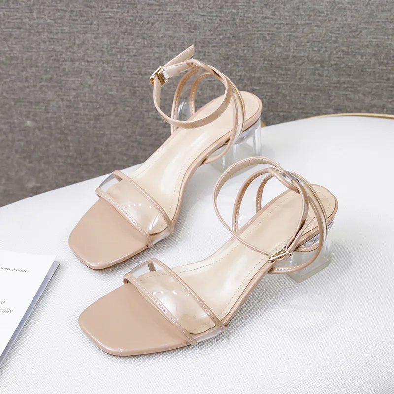 

Chunky-Heel Sandals Women's Summer 2019 New Style Versatile INS Fashion Peep-Toe Fairy Ventilation Network Red Transparent A- li