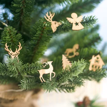 

100PCS DIY Natural Wooden Chip Christmas Tree Hanging Ornaments Pendant Kids Gifts Snowman Tree Shape Xmas Ornaments Decorations