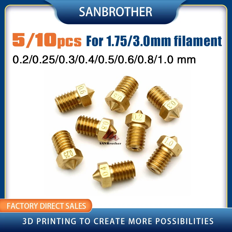 

5/10 шт. Резьбовая насадка M6 полностью Металлическая 0,2/0,3/0,4/0,5/0,6 мм опционально для нити 1,75/3,0 мм V5 V6 Hotend Extruder 3D Printer