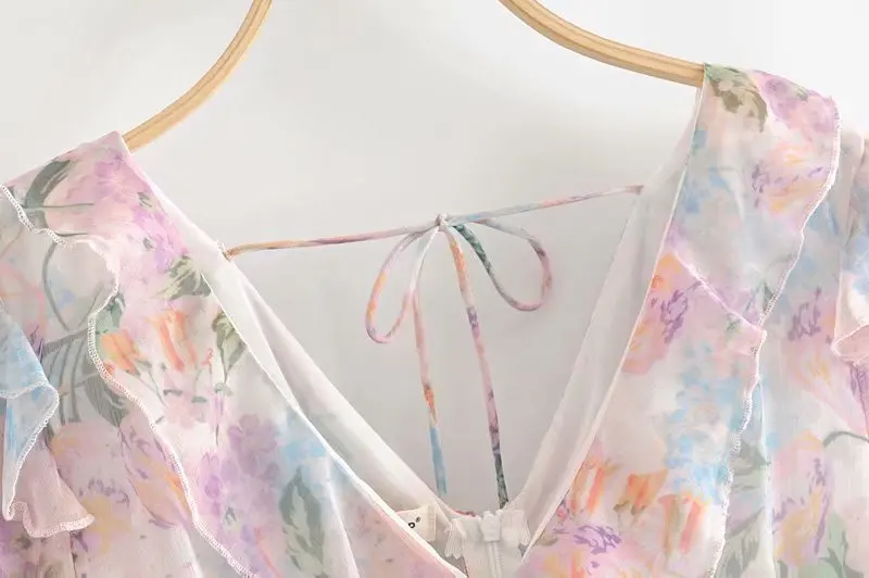 Boho Chic, женские винтажные боди, тюльпан, цветочный принт, один Боттон, v-образный вырез, оборки, длинный рукав, шифон, комбинезоны, богемный комбинезон