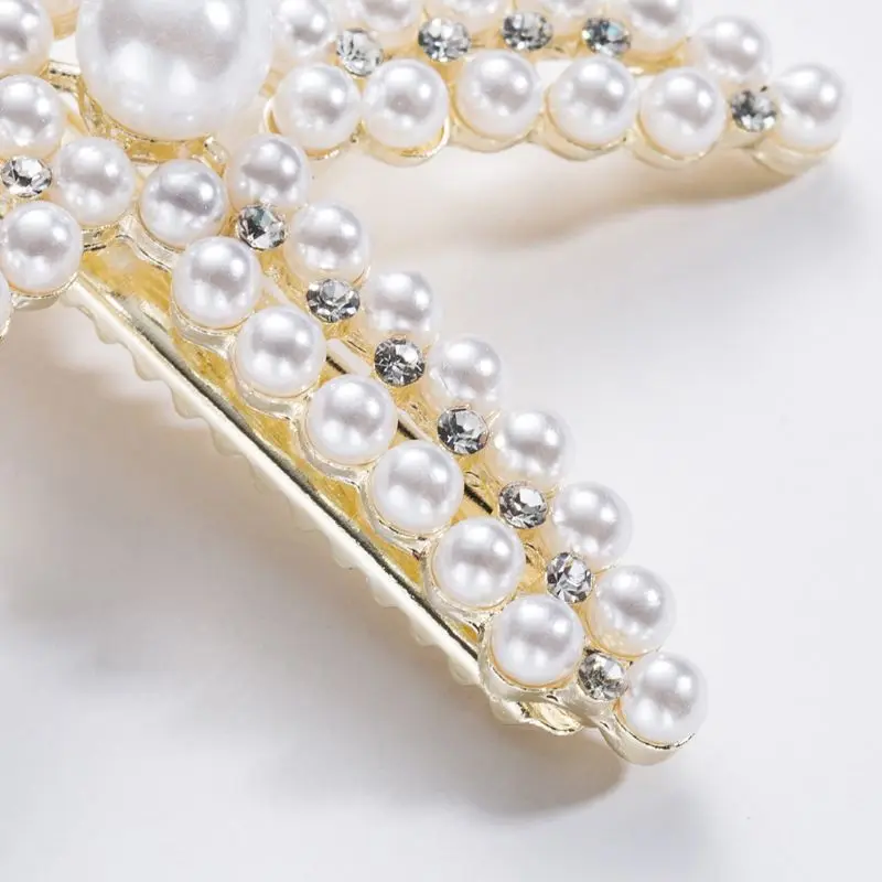 

Women Hairpin Jewelry Metal Texture Starfish Shaped Rhinestones Artificial Pearl Hairpins Cute Girls Temperament Duckbill Clip