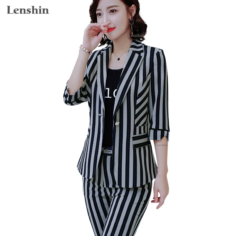 Lenshin, комплект из 2 предметов, брючный костюм, летняя одежда, модный стиль, для женщин, для офиса, для женщин, для работы, половина рукава, полосатый пиджак с брюками