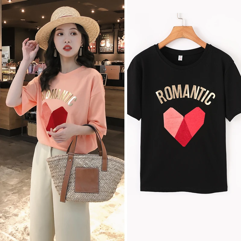 orange black 2pcs 111% хлопковая футболка с коротким рукавом, женская летняя бархатная Лоскутная рубашка с сердечком, женские рубашки знаменитостей, свободная футболка, Белый Черный Топ - Цвет: orange black 2pcs