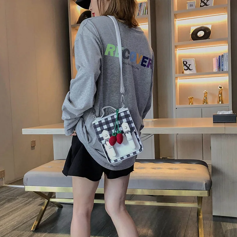Korean Stitching Contrast Plaid Backpack Ladies Strawberry Shoulder Bag Women Fashion PU Messenger Backpack Double Use New