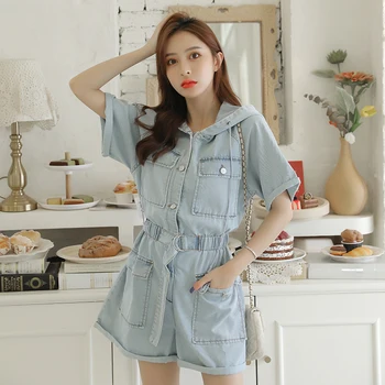

Women Denim Cowboy Onesie Trousers Short-Sleeves Hooded Jeans Fashion Female High-Waist Casual Loose Vintage New Rompers Sets
