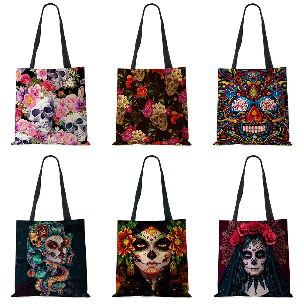 Day of the Dead Floral Skull Print Tote Bag Handbags for Women Halloween Sugar Skull Girl Shoulder Bags Large Capacity wristlet wallet