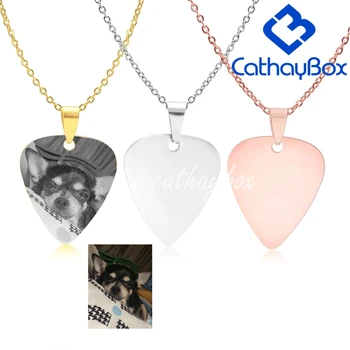 

Personalized Stainless Steel Guitar Pick Blank Dog Tag Engrave Photo Name Charm Key Chain Pendant W/ SS Chain 50CM