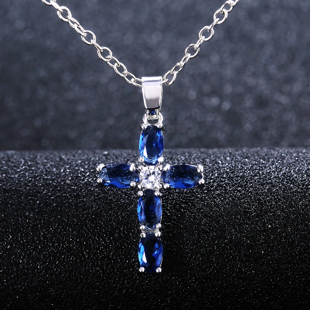 Huitan Fashion Oval Blue Stone Cross Pendent Delicate Women Necklace Daily Wear Anniversary Christmas Gift High Quality Jewelry