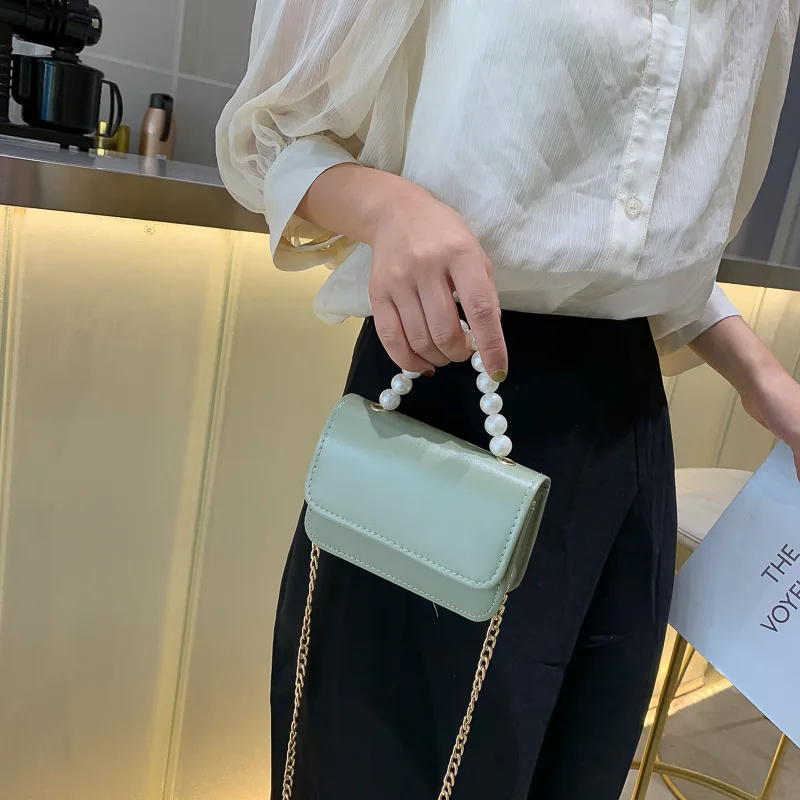 

New France Non-mainstream Bag Women's Western Style Pearl Hand 2019 New Style Textured Shoulder Versatile Chain Small Square