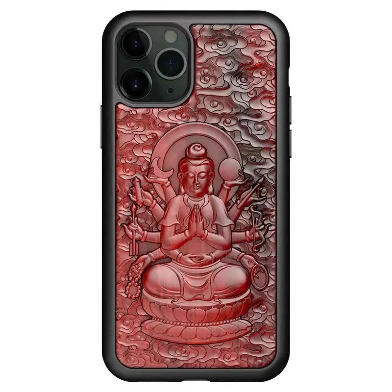 

3D Carved buddha Guanyin Wood Case for iPhone 13 12 Pro Max Mini 11 Pro 6 7 8 Plus X XR XS Max SE 2020 Relief Wooden Back Coques