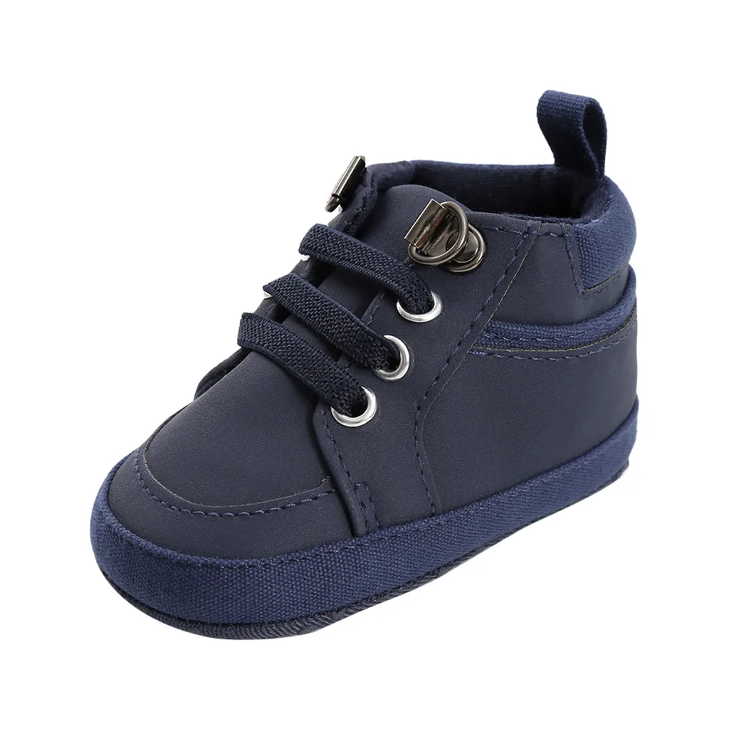 Dark Blue Детская обувь из искусственной кожи для маленьких девочек и мальчиков; однотонная Модная хлопковая обувь с перекрестной шнуровкой на все сезоны; обувь для первых шагов на шнуровке; детские ботинки; Пинетки - Цвет: Dark Blue