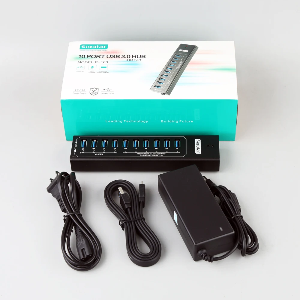  Sipolar Metal 10 puertos usb 30 hub con 12V3A adaptador de corriente 2.4A cargador usb hub estación
