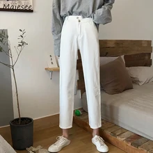 Женские джинсы с неровной талией и пуговицами, одноцветные, универсальные, шикарные, белые, прямые,, модные женские брюки для отдыха, новинка