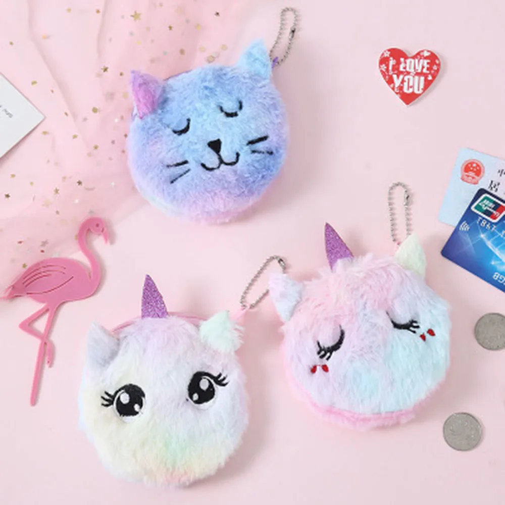

Cartoon Plush Unicorn Coin Purse Cute Cat Fur Circle Wallet Girl Clutch Embroidered Bag Key Earphone Organizer Pouch Kids Gift