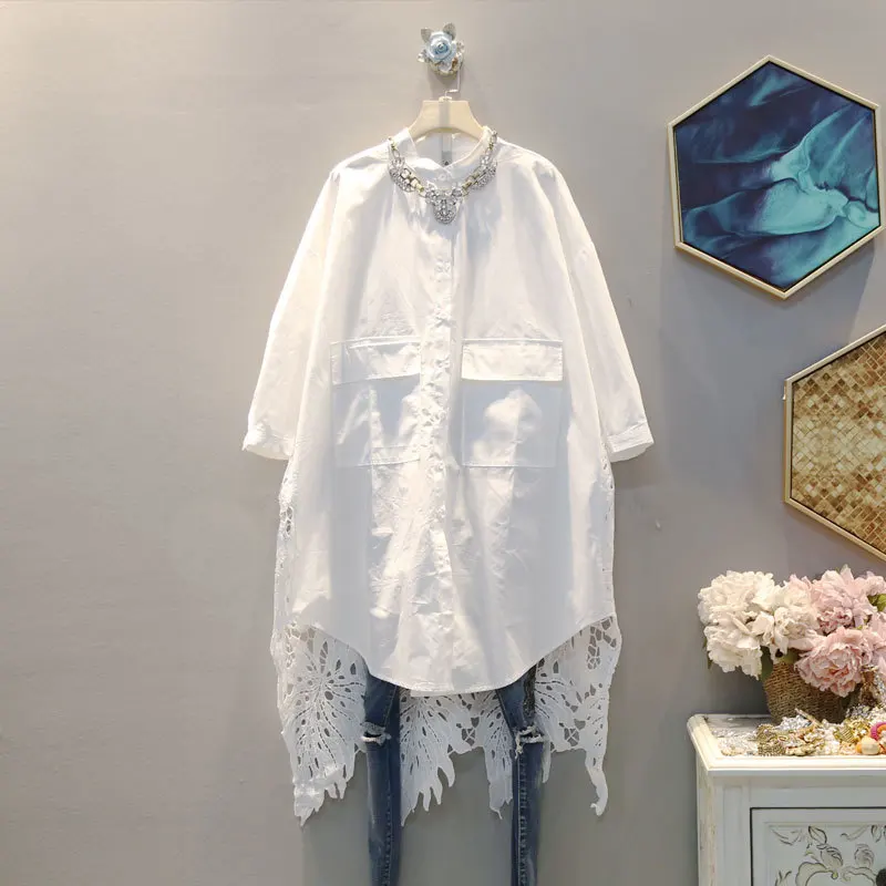 

[EWQ] 2020 Spring Summer New Pattern Stand Collar Half Sleeve Solid Patchwork Crochet Casual Shirt Women Fashion Tide AK43900
