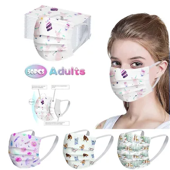 

50pcs Adult Disposable Unisex Printed White Soft s For Women And Men Three Layers Dustproof Breathable Large Stock Send Fast