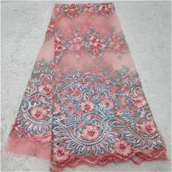 

2019 Latest African Net Lace Fabric, High Quality 3d pink/green Nigerian Wedding Lace Fabrics 5Yards beads French Tulle lace
