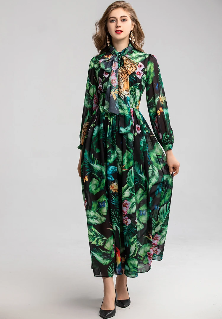 MoaaYina, модное дизайнерское платье, весна-лето, женское платье, длинный рукав, Зеленый лист, цветочный принт, платья для отпуска