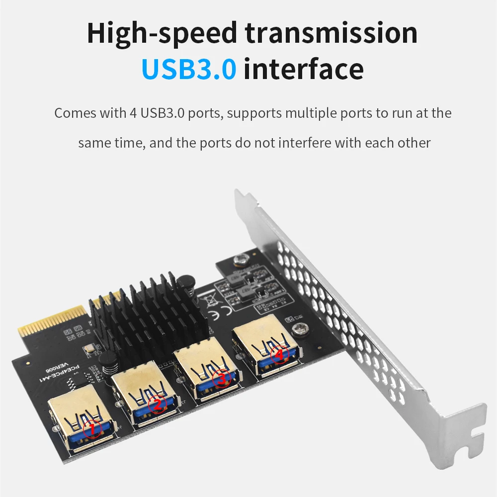 TISHRIC PCIE 4X to 4 Prot USB 3.0 Express Rise Expansion Card 1 to 4 USB 3.0 Slot Multiplier Hub Adapter For BTC Mining Miner