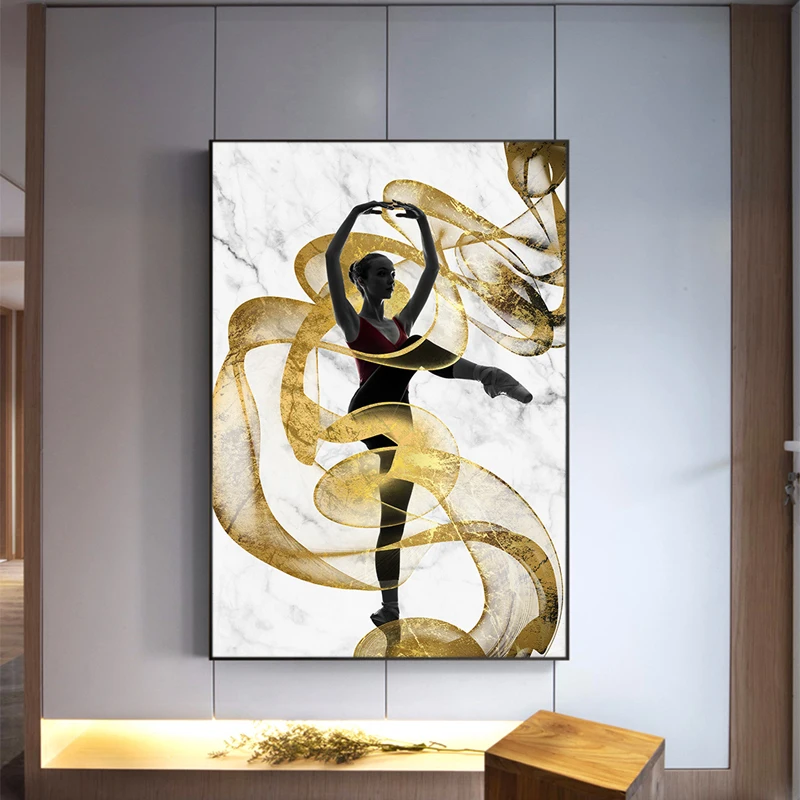 Gold-Ribbon-Flying-Dancer-Girl-Wall-Art-Canvas-Abstract-Poster-Prints-Painting-Modern-Decoration-Picture-Living