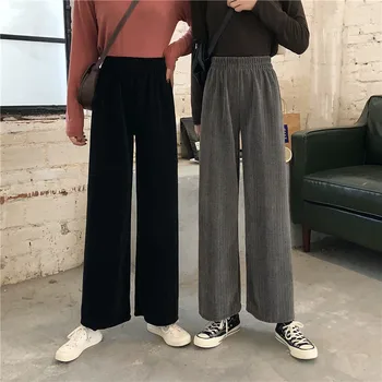 

Women Korea Style Wollen Corduroy Straight Slim Fit Knitting Easy Match Pant Student Solid Color Ulzzang Chic High Wasit Trouser