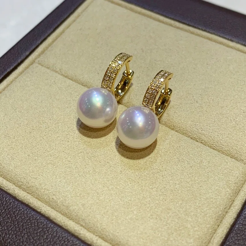 18K Solid Yellow Real Gold Jewelry(AU750) Women South sea Pearl Diamond Earring Fashion Lady Sea Pearl