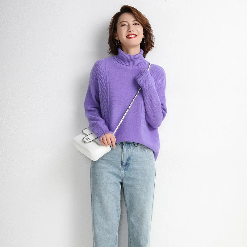 High Fold-down Collar Sweater Women's Loose-Fit Pullover Long-Sleeve Base Sweater Cable-Cool Mid-length Cashmere Sweater