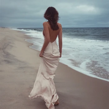 

Satin White Women Beach Dress Summer 2020 Sexy Backless Long Dress V Neck Sleeveless High Waist Ladies Elegant Dress Maxi