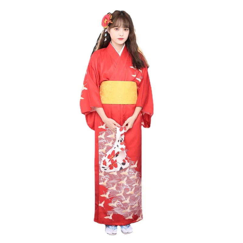 Rezumar Vulgaridad subterráneo Kimono tradicional de color rojo para mujer, ropa japonesa con cinturones  Obi, lazo con nudo, patrón de grúa, Túnica Geisha japonesa|Ropa de Asia y  las Islas del Pacífico| - AliExpress