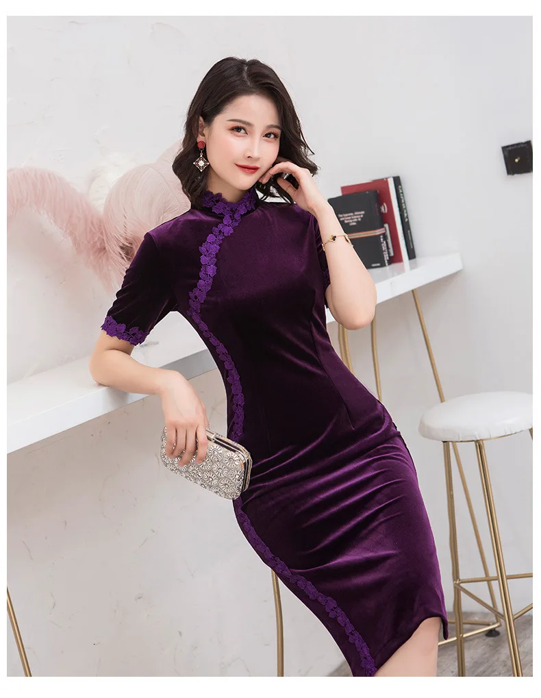Sheng Coco, женское бархатное платье Cheongsam из плюша, кружевные вечерние платья, современный стиль, китайское свадебное короткое платье, винтажное платье, 3XL 4XL