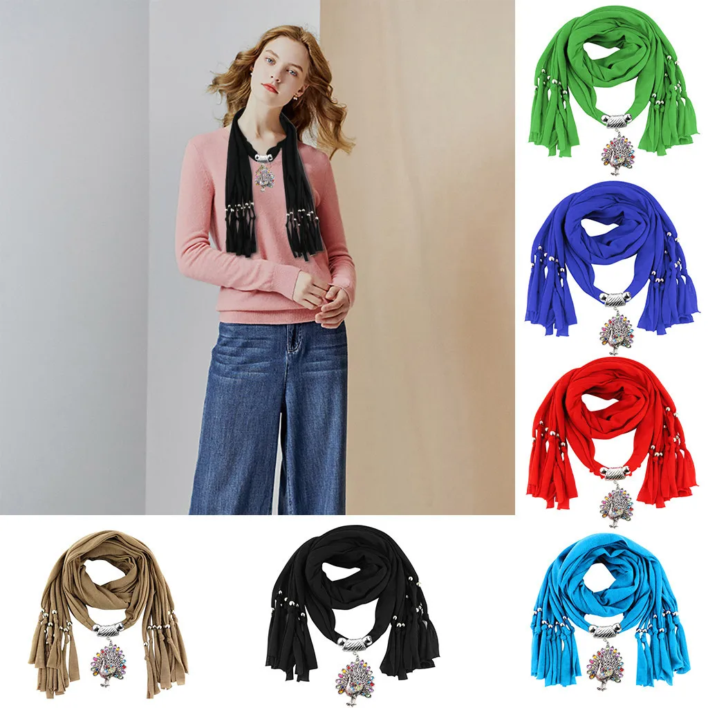 Шелковый шарф в женских шарфах Женская мода сплав павлин кулон кисточка полиэстер шарф роскошный шарф женские шарфы дизайнерские