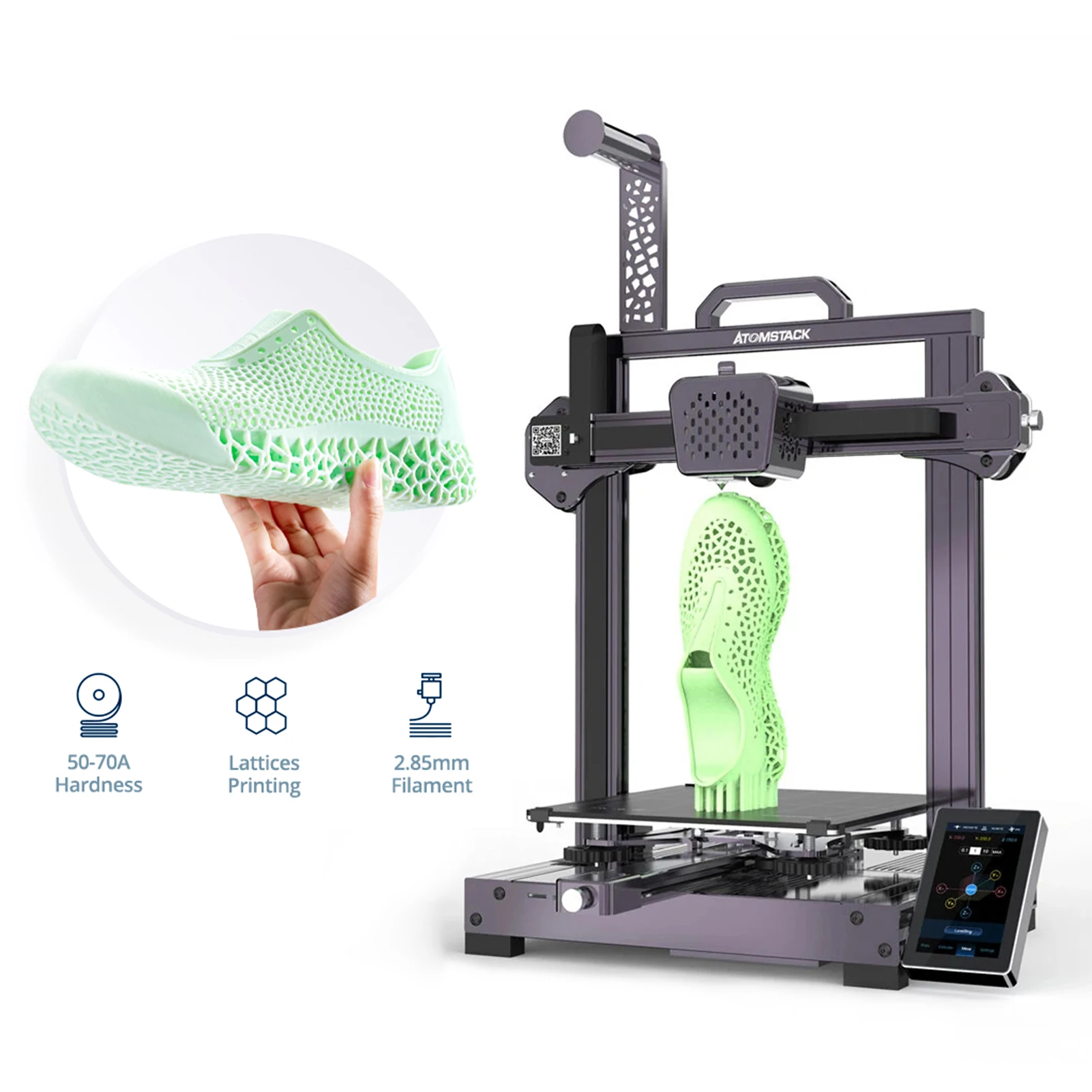 ATOMSTACK Cambrian Pro Desktop Rubber 3D Printer 235x235x250mm Support Printing Elastic TPR/PLA//Rubber with Dual Printing Head