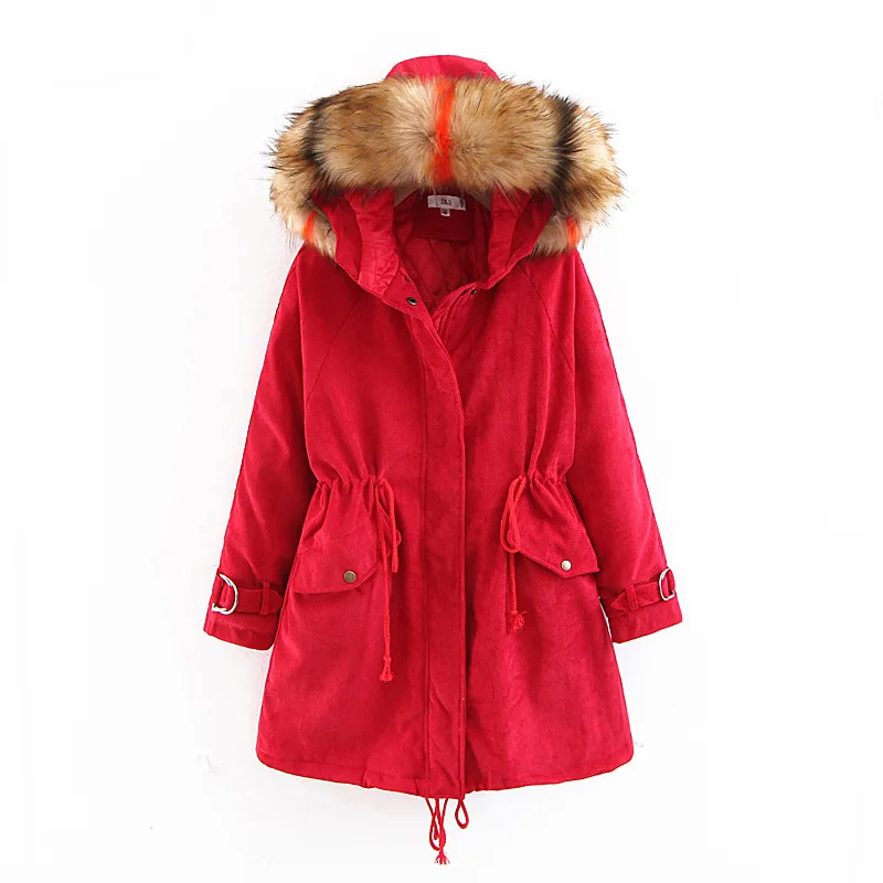 

2018 Winter New Style Retro Corduroy Contrast Color Fur Collar Hooded Waist Hugging Long Cotton-padded Clothes Women Jacket Thre