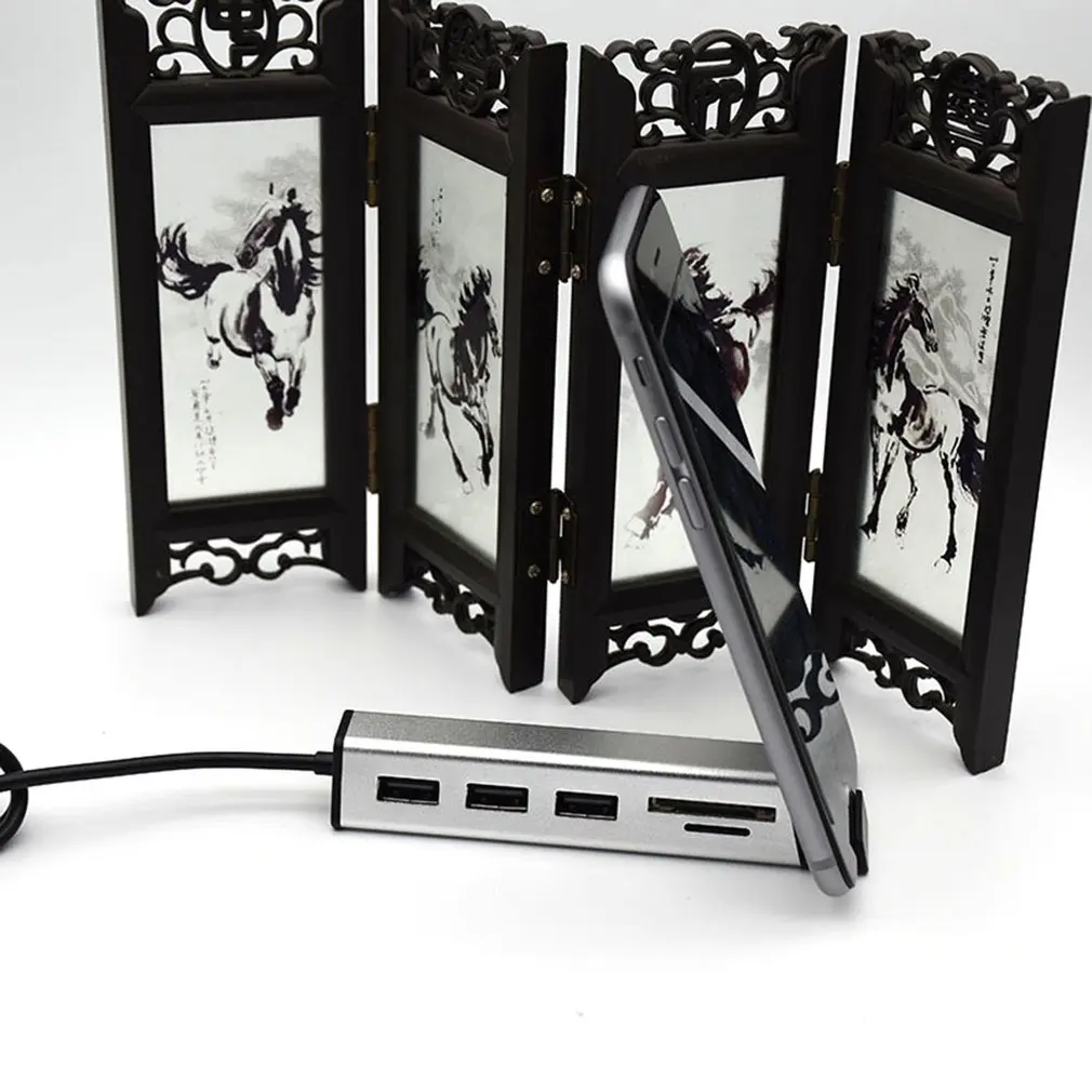 USB 2,0 концентратор Алюминиевый мульти-в-одном кард-ридер концентратор с подставкой для мобильного телефона