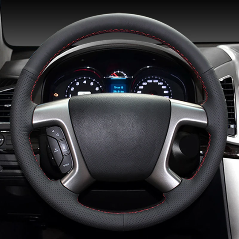 DIY Ручная работа черная натуральная кожа чехол на руль для Chevrolet Captiva 2007- Silverado GMC Sierra 2007-2013 - Название цвета: Red thread