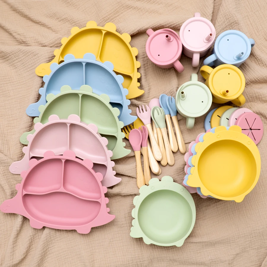 BPA Free Baby Silicone Sucker Bowl Plate Children's Tableware Training Fork Spoon Portable Feeding Snack Cup Dining Appliance 6