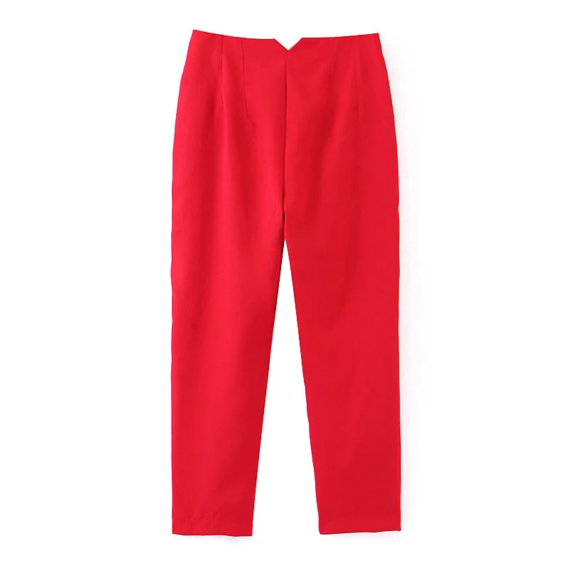 Мода Za для женщин, Осенний повседневный элегантный красный костюм, брюки с карманами, офисный стиль, шикарные женские длинные штаны, брюки для девушек