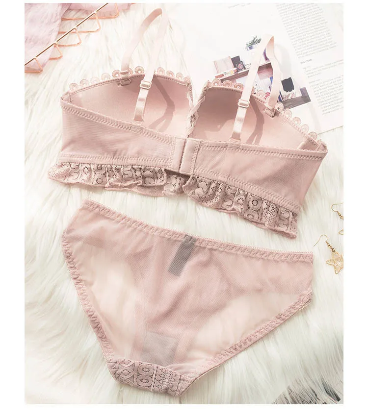 Roseheart Для женщин Мода розовый зеленый белье с кружевными оборками Bralette лук мягкой отделкой подтягивающие трусики Беспроводной комплекты